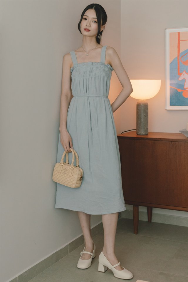 *Preorder* ACW Sleeveless Thick Strap Smock Midi Dress in Dusty Blue