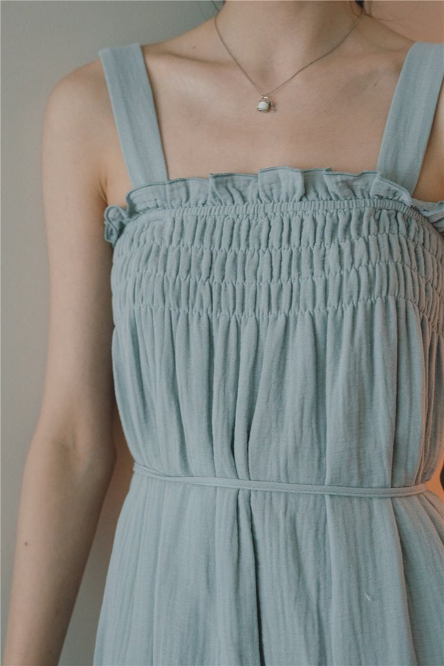 *Preorder* ACW Sleeveless Thick Strap Smock Midi Dress in Dusty Blue