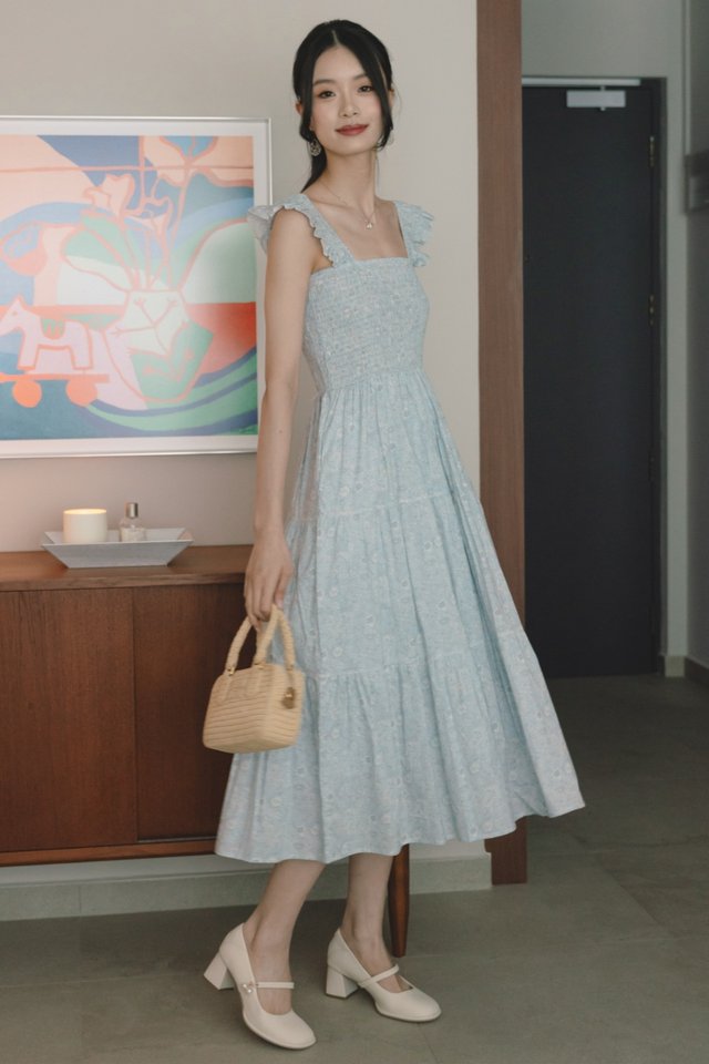 ACW Frill Straps Smock Midi Swing Dress in Sky Blue Florals