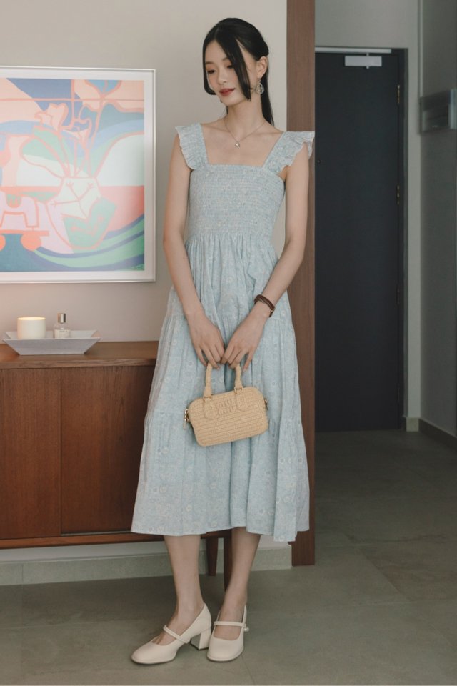 ACW Frill Straps Smock Midi Swing Dress in Sky Blue Florals
