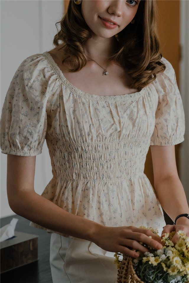 *Preorder* ACW Scoop Neck Smocked Babydoll Blouse in Cream Floral