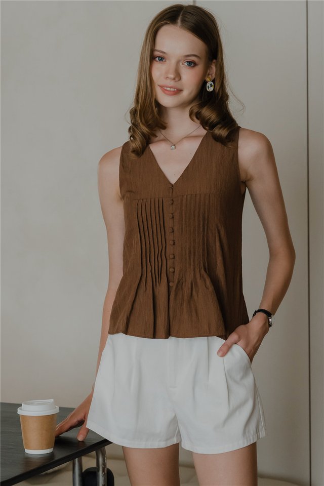 *Preorder* ACW Sleeveless V Neck Pintuck Top in Cocoa
