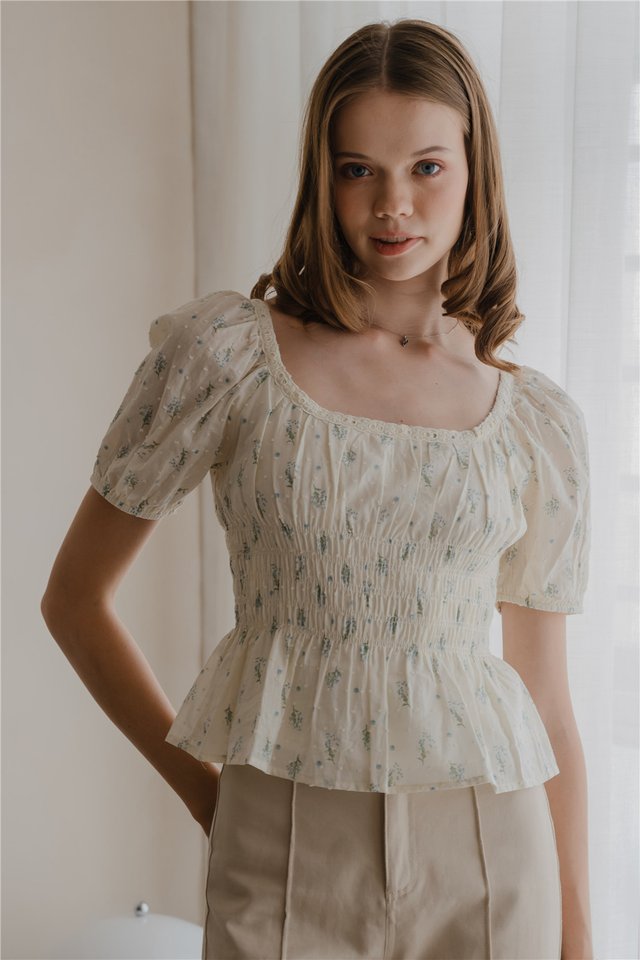 *Preorder* ACW Scoop Neck Smocked Babydoll Blouse in Blue Swiss Dot Floral
