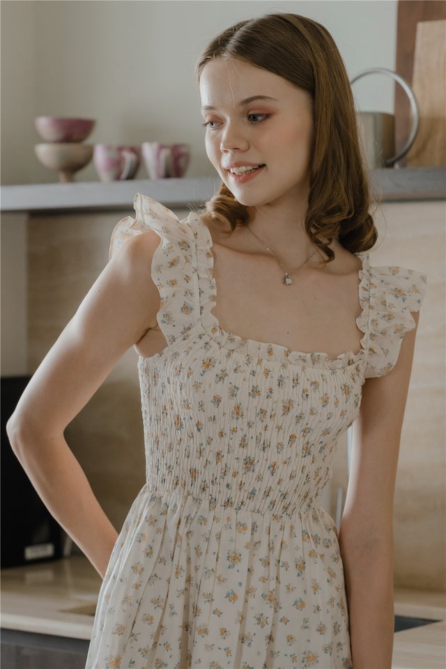 *Preorder* ACW Ruffled Sleeveless Smock Midi Dress in Yellow Gardenia Florals