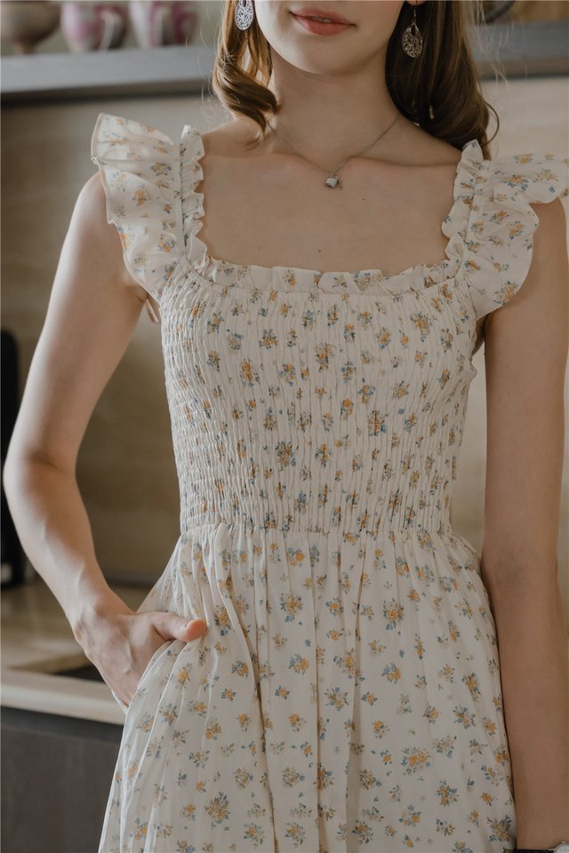 *Preorder* ACW Ruffled Sleeveless Smock Midi Dress in Yellow Gardenia Florals