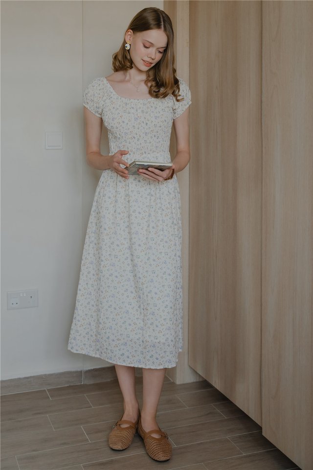 ACW U Neck Smock Waisted Midi Dress in White Floral