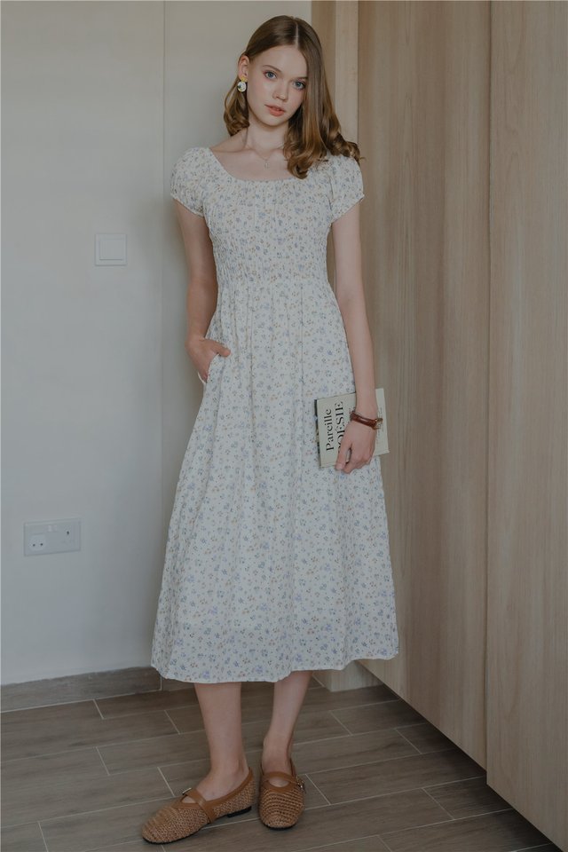 ACW U Neck Smock Waisted Midi Dress in White Floral