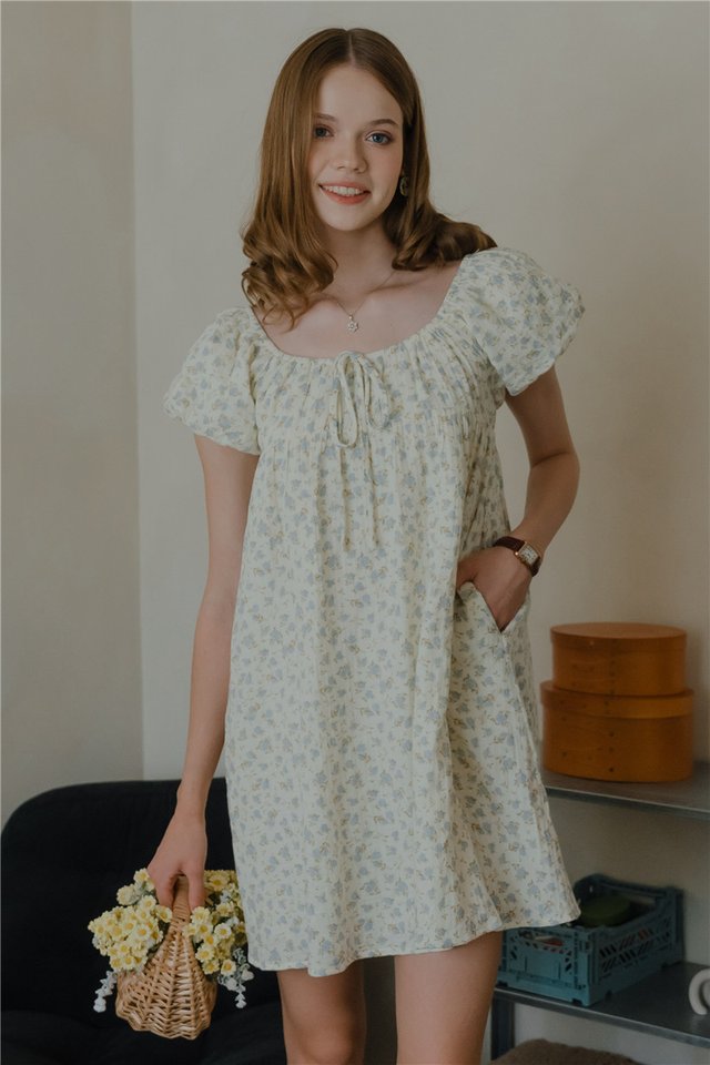 *Preorder* ACW Puff Sleeve Mini Babydoll Dress in Blue Floral