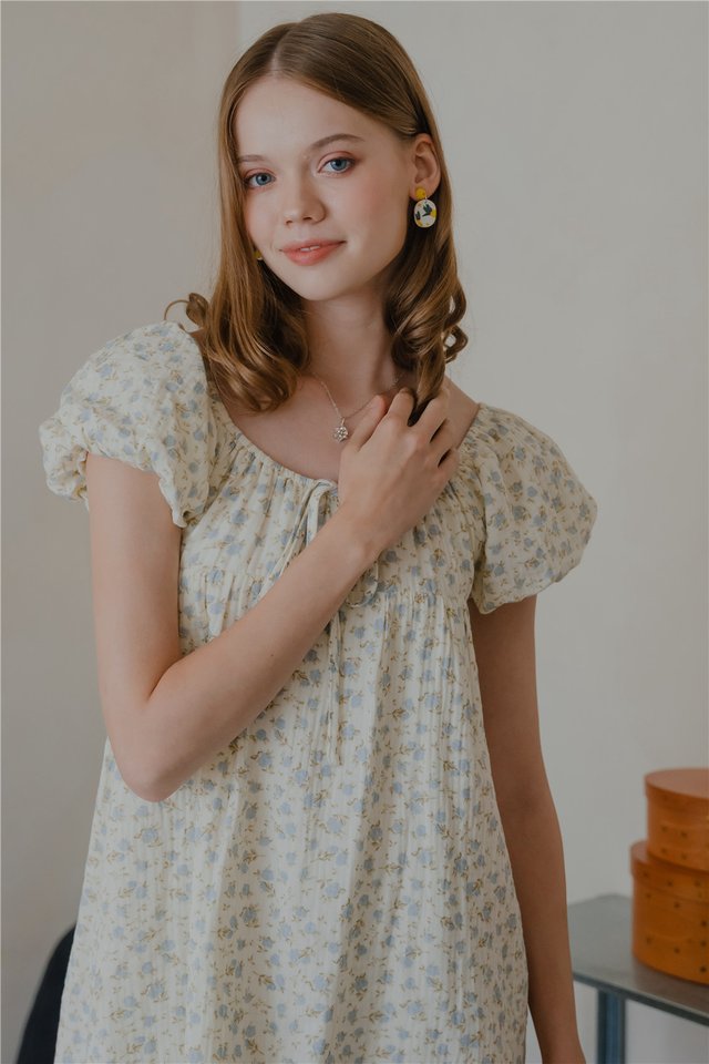 *Preorder* ACW Puff Sleeve Mini Babydoll Dress in Blue Floral