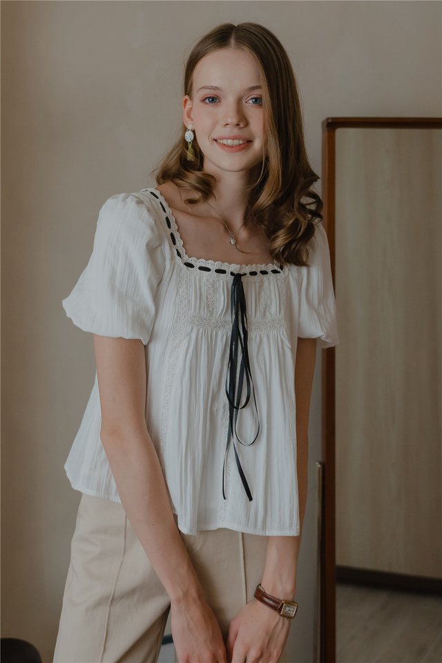 *Preorder* ACW Square Neck Ribbon Tie Puff Sleeve Blouse in White