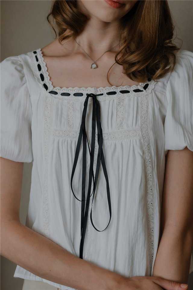 *Preorder* ACW Square Neck Ribbon Tie Puff Sleeve Blouse in White