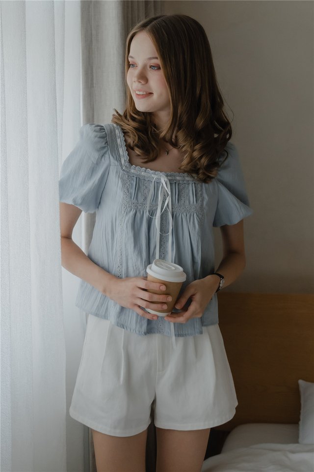 *Preorder* ACW Square Neck Ribbon Tie Puff Sleeve Blouse in Sky