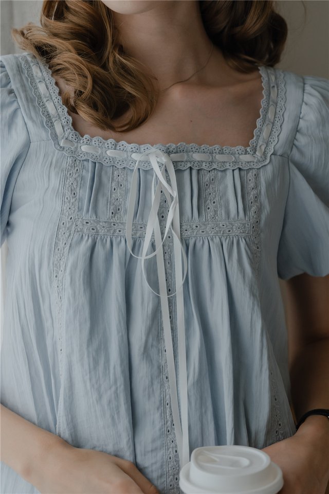 *Preorder* ACW Square Neck Ribbon Tie Puff Sleeve Blouse in Sky