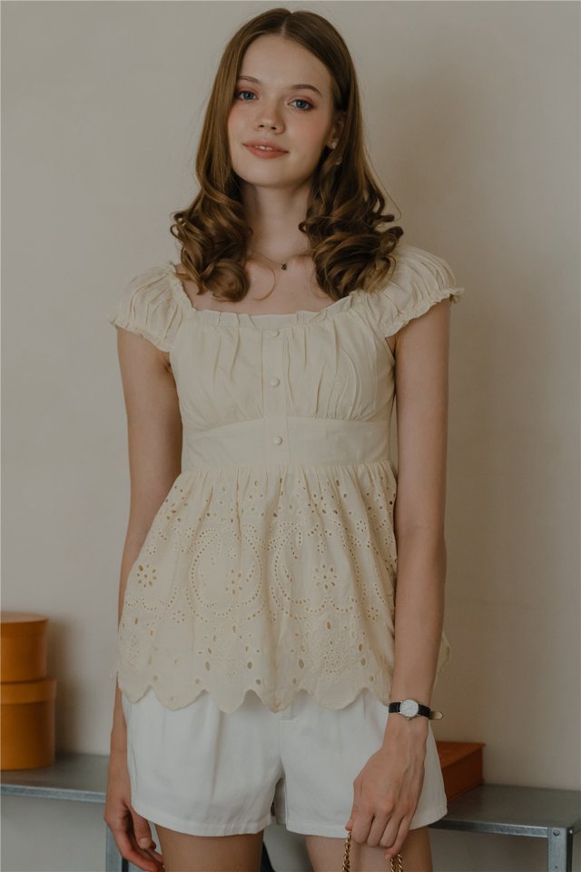 *Preorder* ACW Eyelet Hem Smock Peplum Blouse in Butter