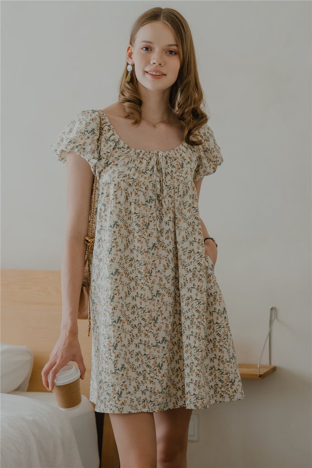 *Preorder* ACW Puff Sleeve Mini Babydoll Dress in Yellow Tropic Floral