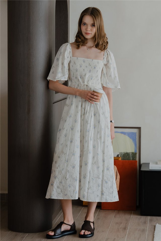 *Preorder* ACW Smock Drawstring Flowy Sleeve Midi Dress in Vintage Blue Floral