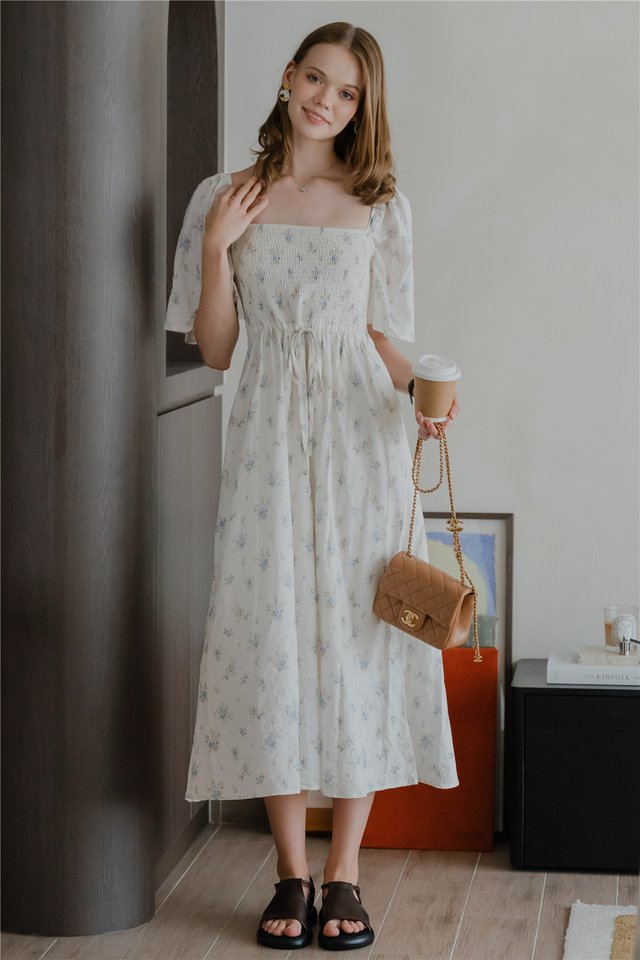 *BACK IN STOCK* ACW Smock Drawstring Flowy Sleeve Midi Dress in Vintage Blue Floral