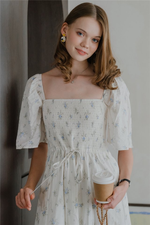 *BACK IN STOCK* ACW Smock Drawstring Flowy Sleeve Midi Dress in Vintage Blue Floral