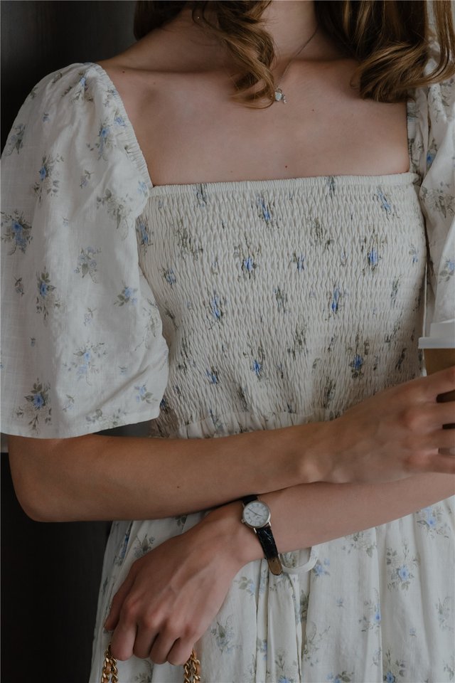 *Preorder* ACW Smock Drawstring Flowy Sleeve Midi Dress in Vintage Blue Floral