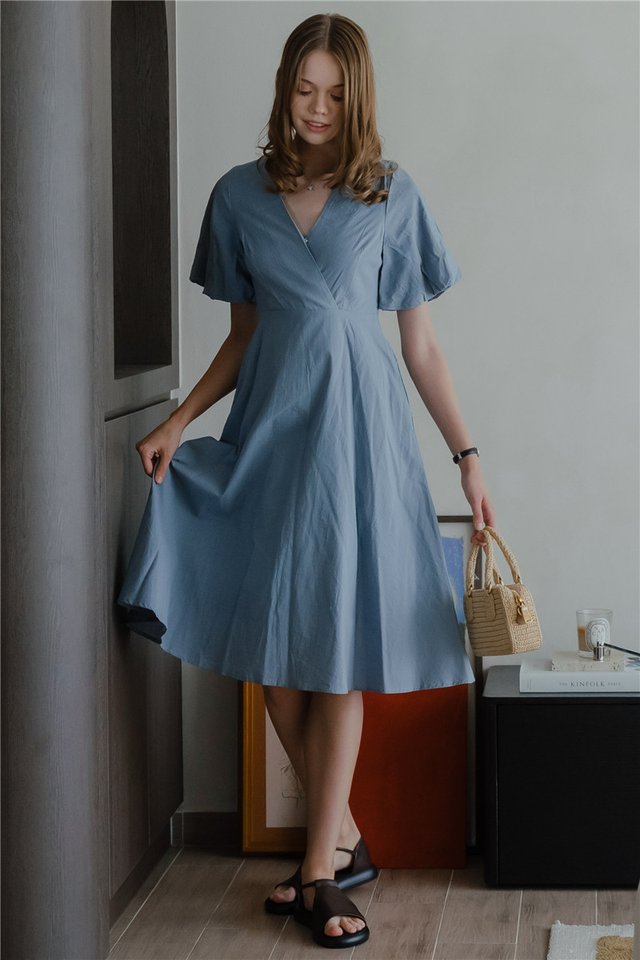 ACW Textured Balloon Puff Sleeve Swing Dress in Blue