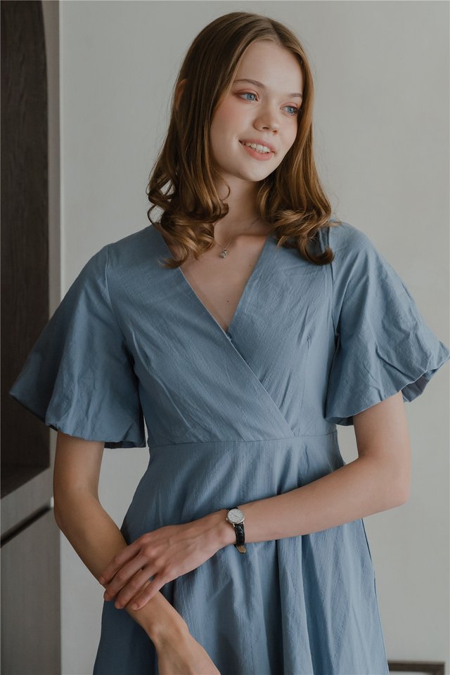 ACW Textured Balloon Puff Sleeve Swing Dress in Blue