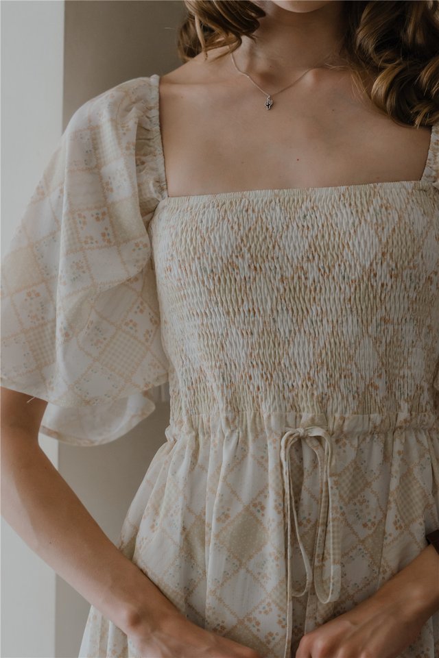*Preorder* ACW Smock Drawstring Flowy Sleeve Midi Dress in Yellow Patterned Floral