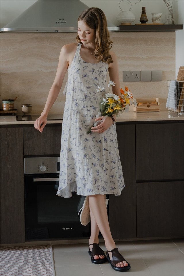 *Preorder* ACW Adjustable Button Midi Dress in Blue Porcelain Florals