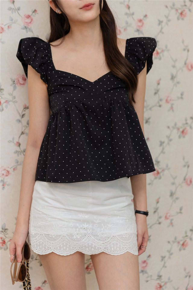 ACW Sweetheart Babydoll Smock Blouse in Black Polka Dots