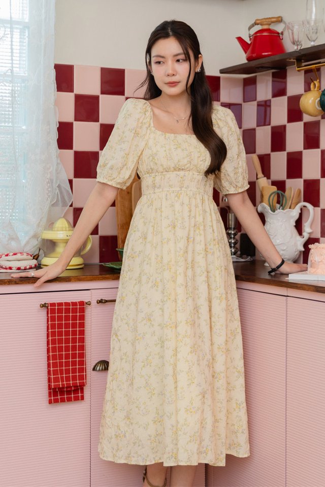 *Preorder* ACW Balloon Sleeve Duo Waistband Midi Dress in Cream Florals