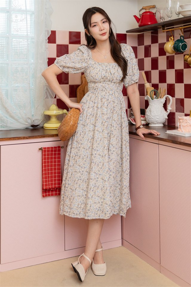 *Preorder* ACW Balloon Sleeve Duo Waistband Midi Dress in Blue Porcelain Florals