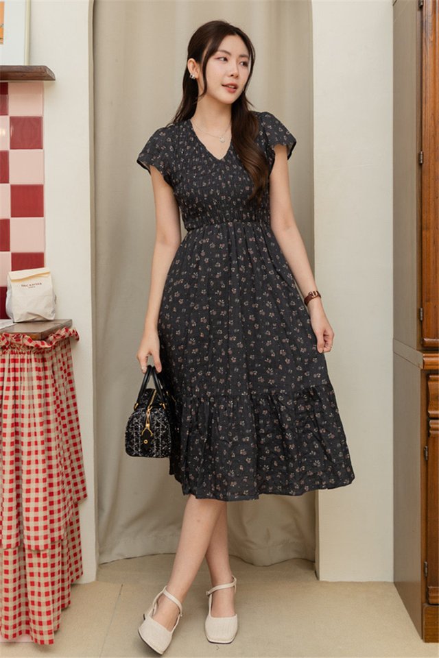 *Preorder* ACW V Neck Smock Midi Swing Dress in Dark Grey Florals