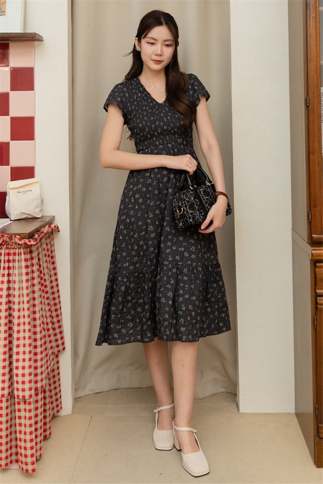 *Preorder* ACW V Neck Smock Midi Swing Dress in Dark Grey Florals