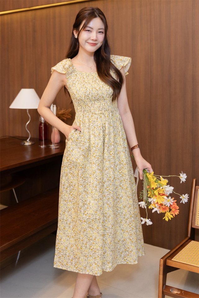 ACW Corset Waistline Flutter Sleeveless Midi Dress in Yellow Floral