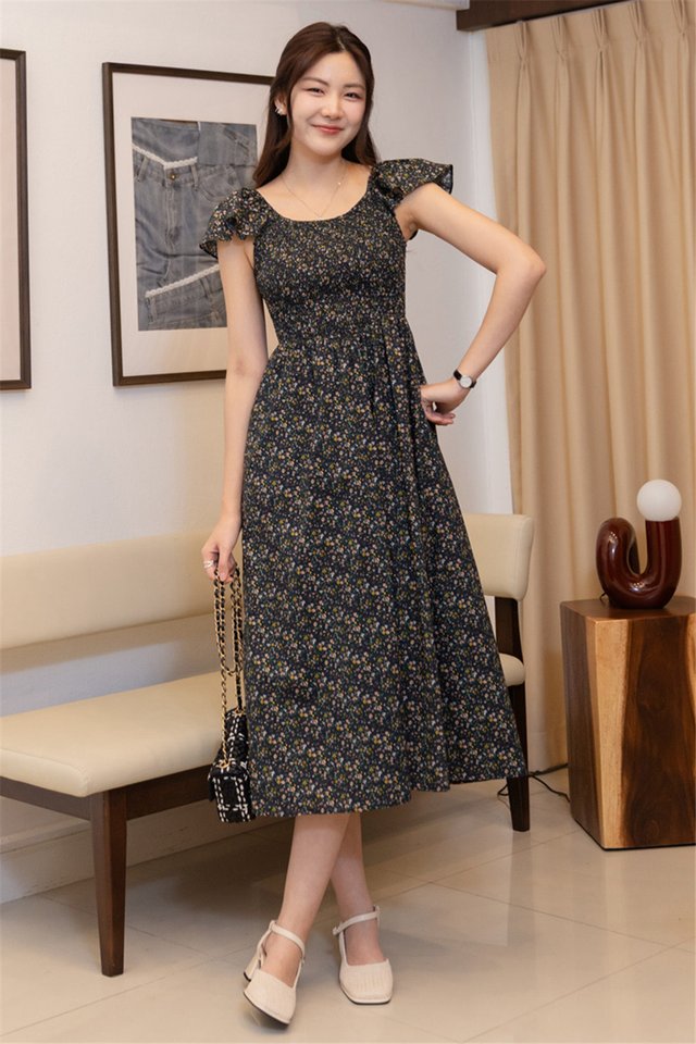 ACW Corset Waistline Flutter Sleeveless Midi Dress in Midnight Coloured Floral