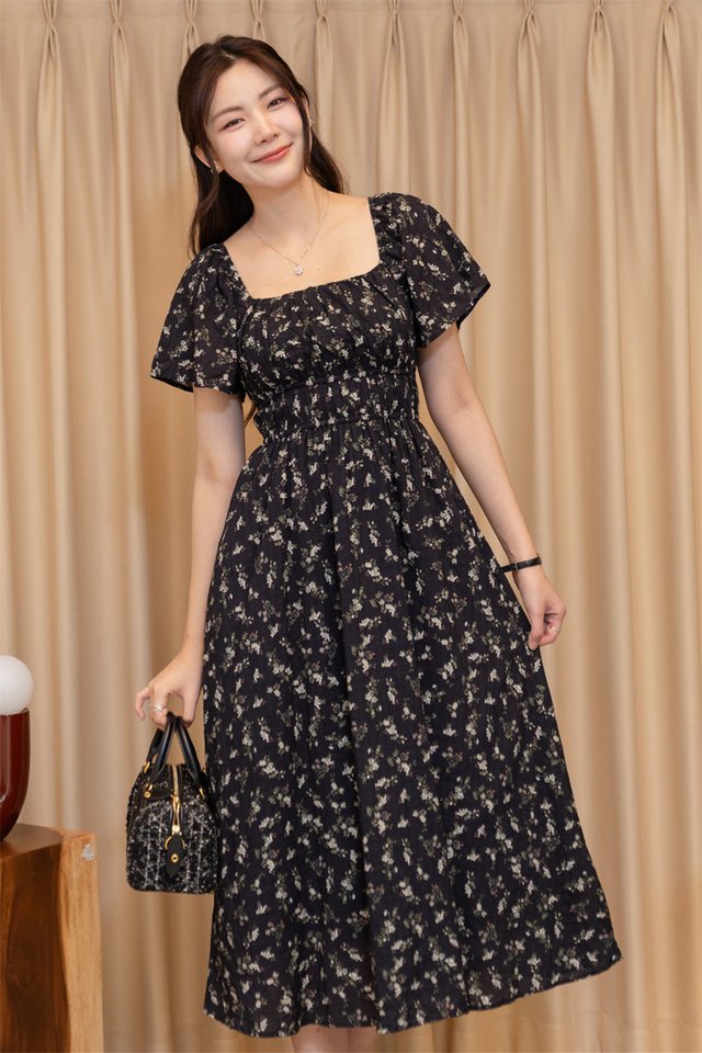 ACW Duo Waistband Flutter Sleeve Midi Swing Dress in Midnight Floral