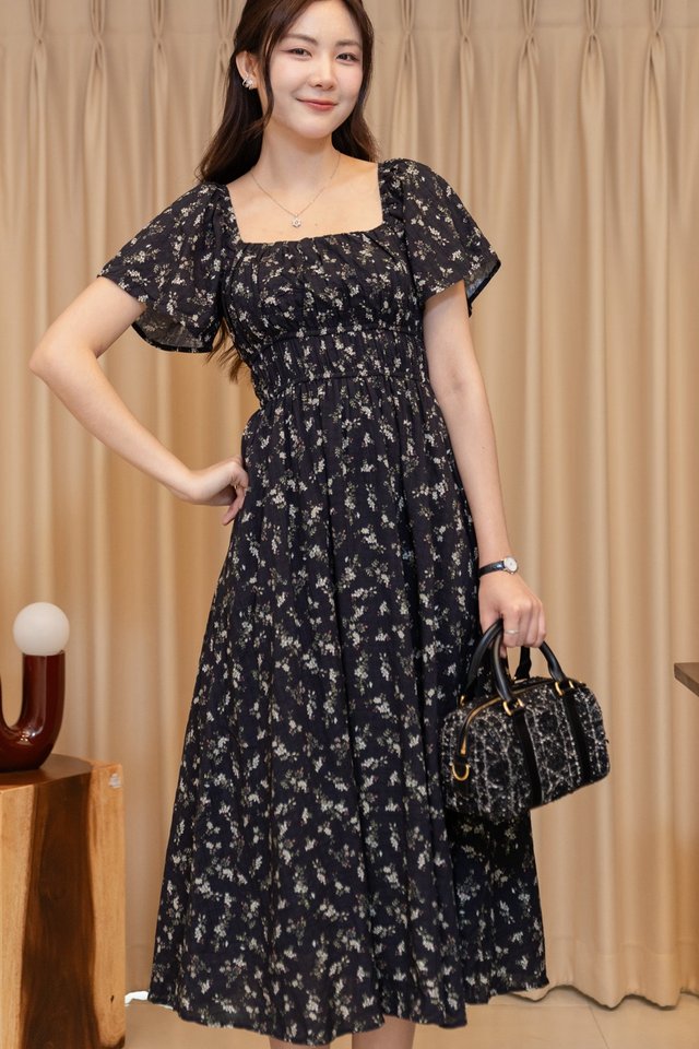 ACW Duo Waistband Flutter Sleeve Midi Swing Dress in Midnight Floral