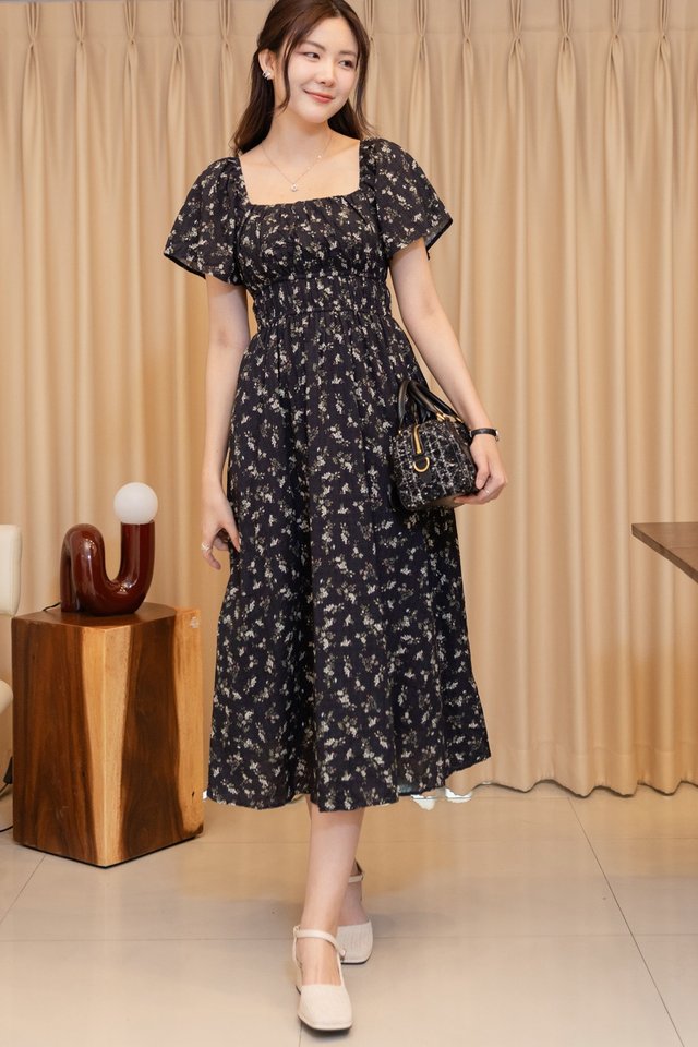 ACW Duo Waistband Flutter Sleeve Midi Swing Dress in Midnight Floral