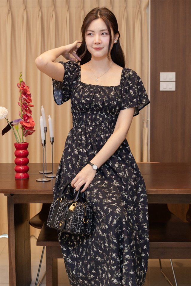 ACW Duo Waistband Flutter Sleeve Midi Swing Dress in Midnight Floral