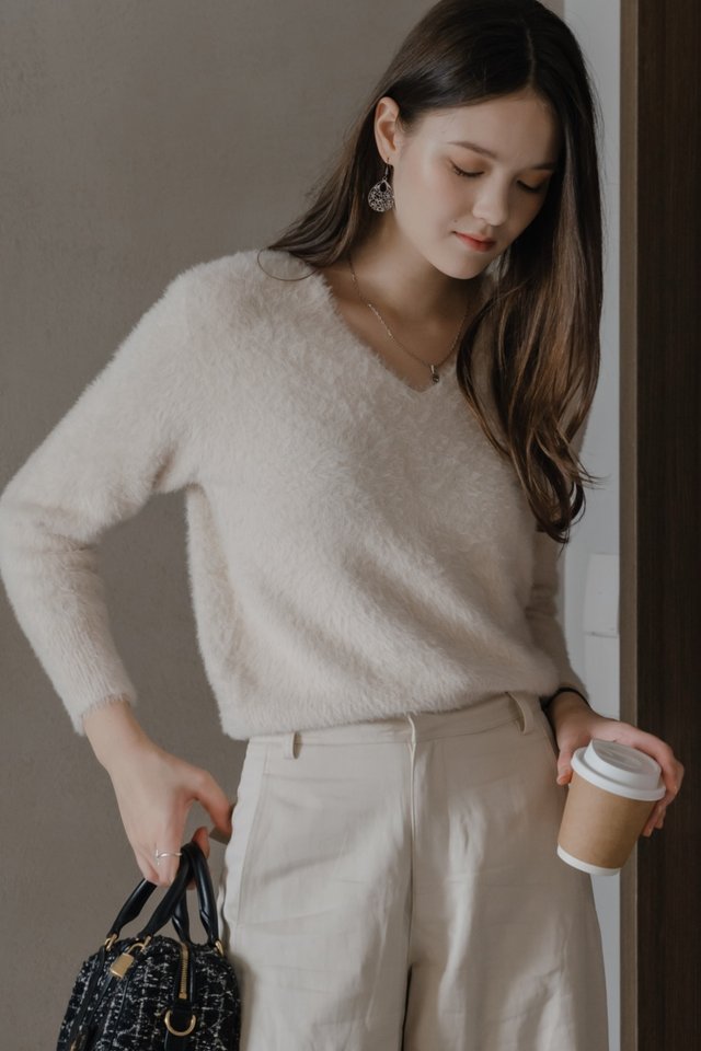 ACW V Neck Furry Sweater in Oat