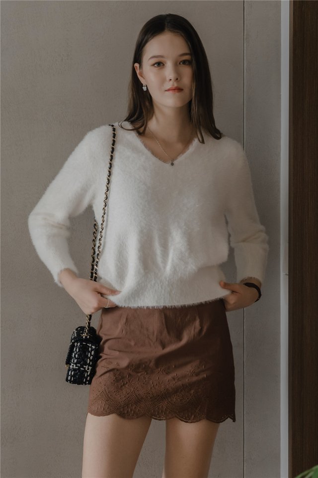 ACW V Neck Furry Sweater in White