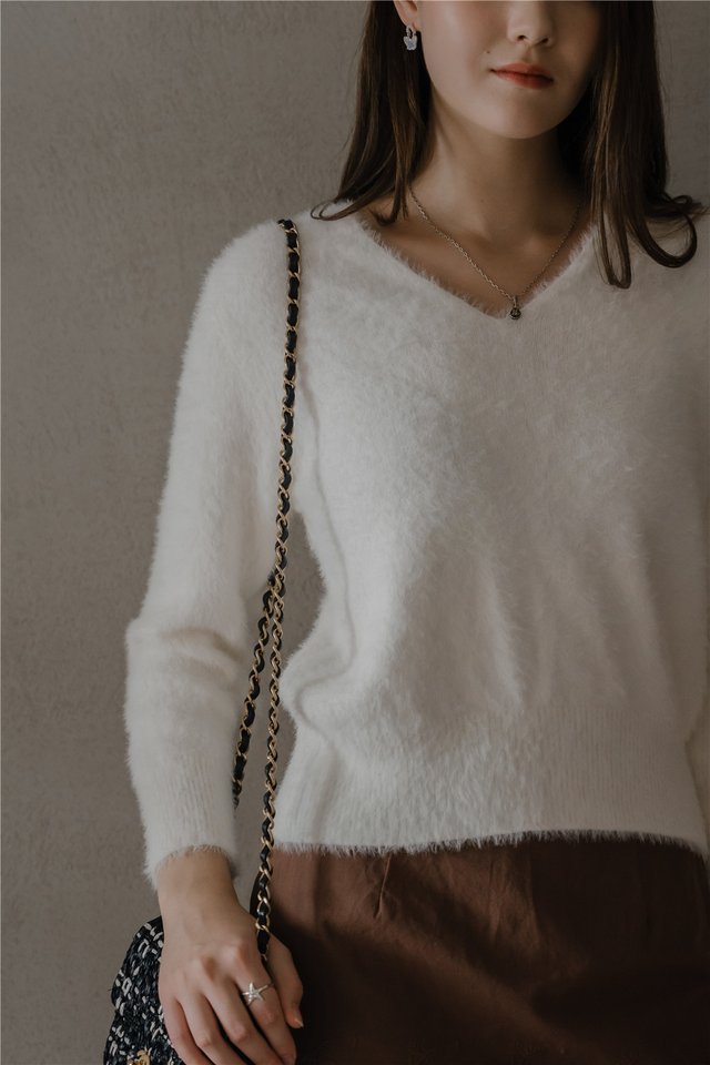 ACW V Neck Furry Sweater in White