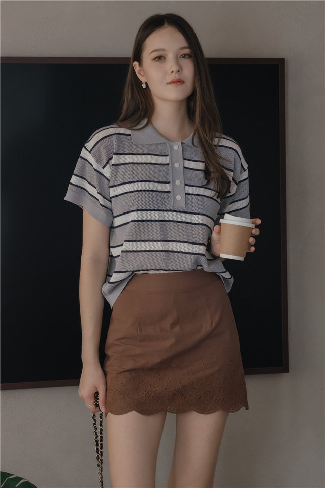 *Preorder* ACW Striped Oversized Collar Knit Top in Grey