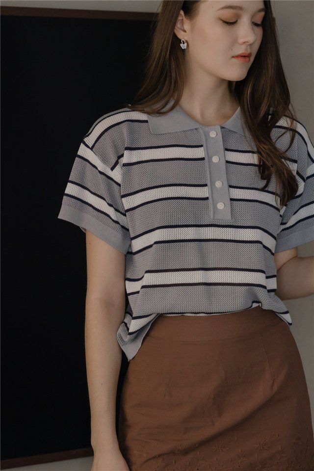 *Preorder* ACW Striped Oversized Collar Knit Top in Grey