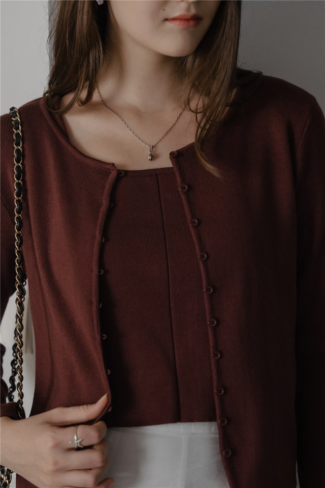 ACW Button Down Long Sleeve Cardigan Knit Top in Deep Burgundy