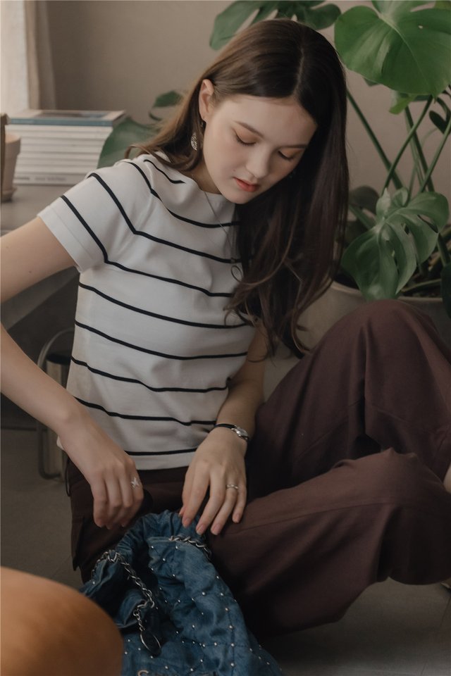 *Preorder* ACW Striped Boat Neck Knit Top in White