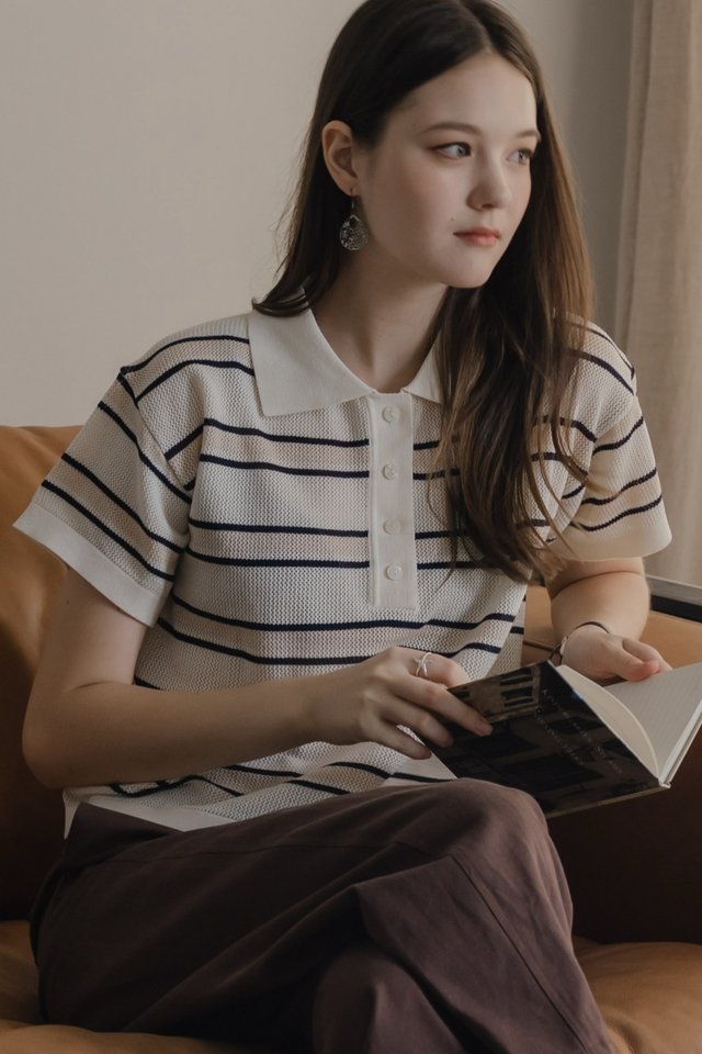 *Preorder* ACW Striped Oversized Collar Knit Top in Cream