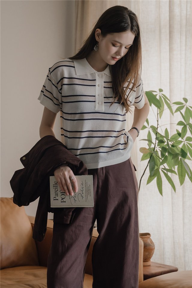 *Preorder* ACW Striped Oversized Collar Knit Top in Cream