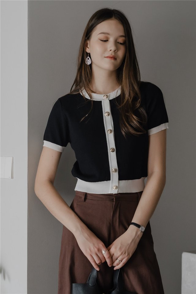 *Preorder* ACW Colourblock Contrast Trim Button Knit Top in Black