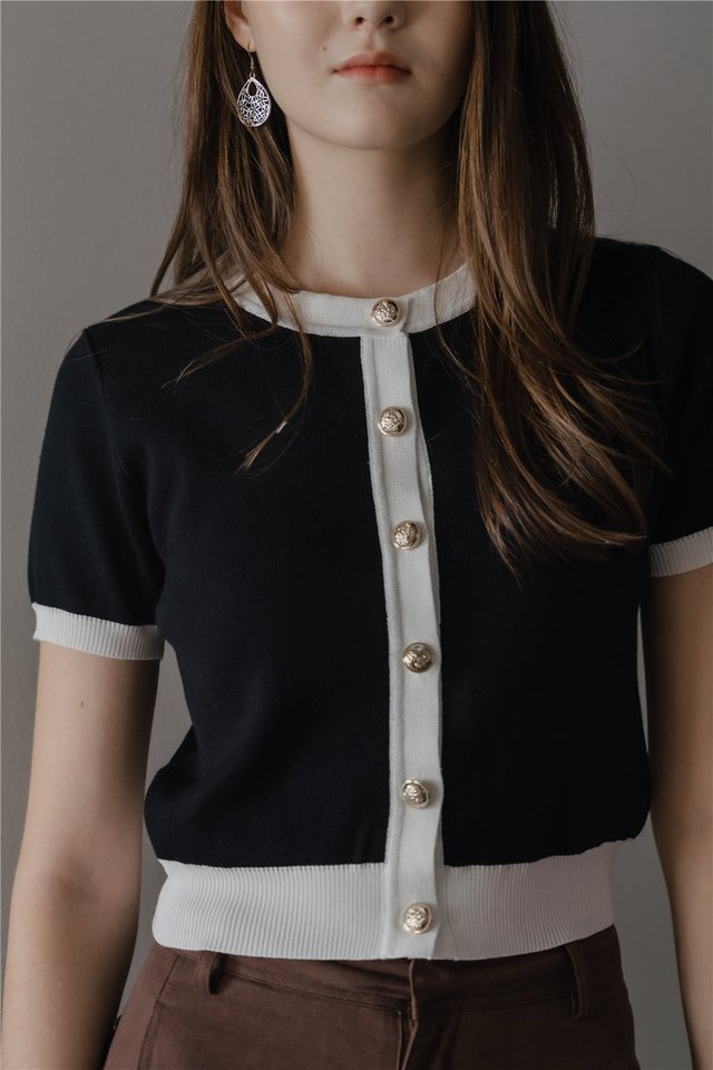 *Preorder* ACW Colourblock Contrast Trim Button Knit Top in Black