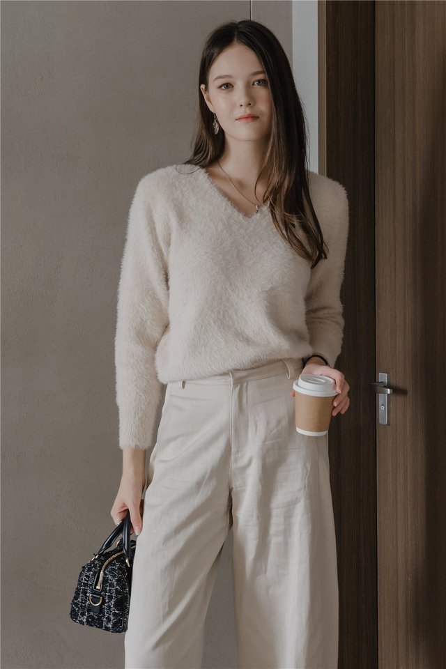 ACW V Neck Furry Sweater in Oat